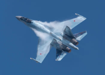 Aerobatic Su-35 performing demonstration flight of the international aerospace salon MAKS-2019.