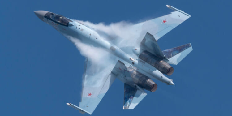 Aerobatic Su-35 performing demonstration flight of the international aerospace salon MAKS-2019.
