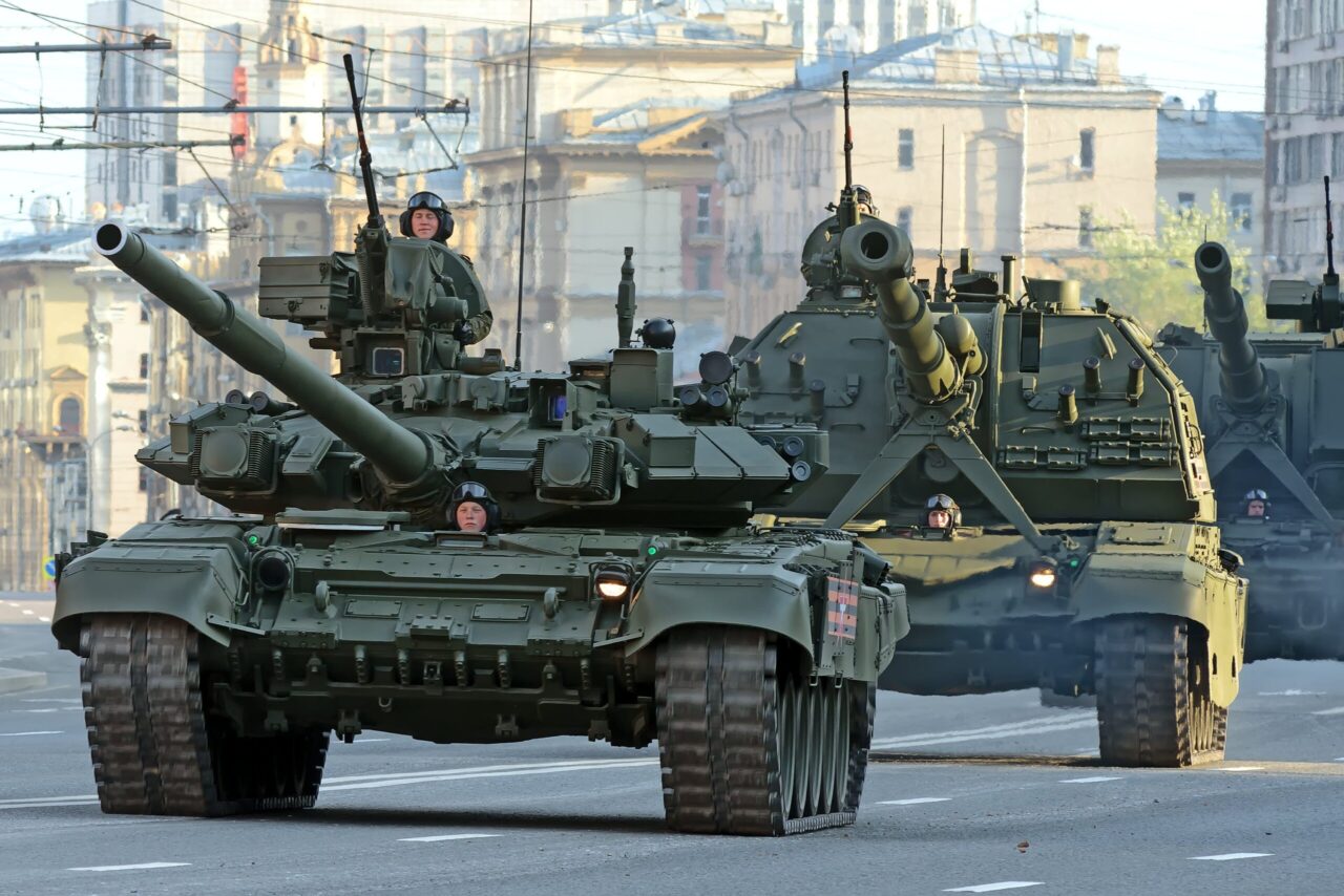 Russian army main battle tank T-90A moving along the Sadovoe koltso street in Moscow to the Great Victory parade rehearsal.
