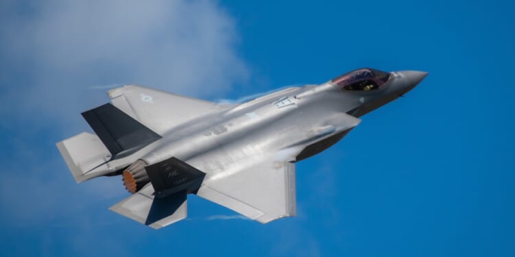 An F-35 fighter in flight.