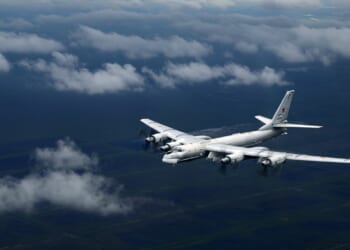 A Russian Tu-95 "Bear" bomber in flight.