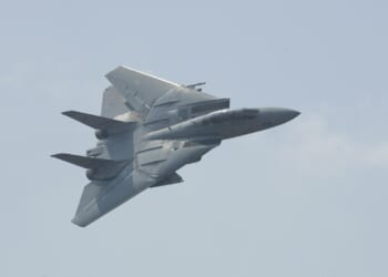 An F-14 Tomcat in swept wing configuration.