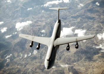 With its tremendous payload capability, the large C-5 Galaxy, an outsized-cargo transport, provides the Air Mobility Command intertheater airlift in support of United States national defence.