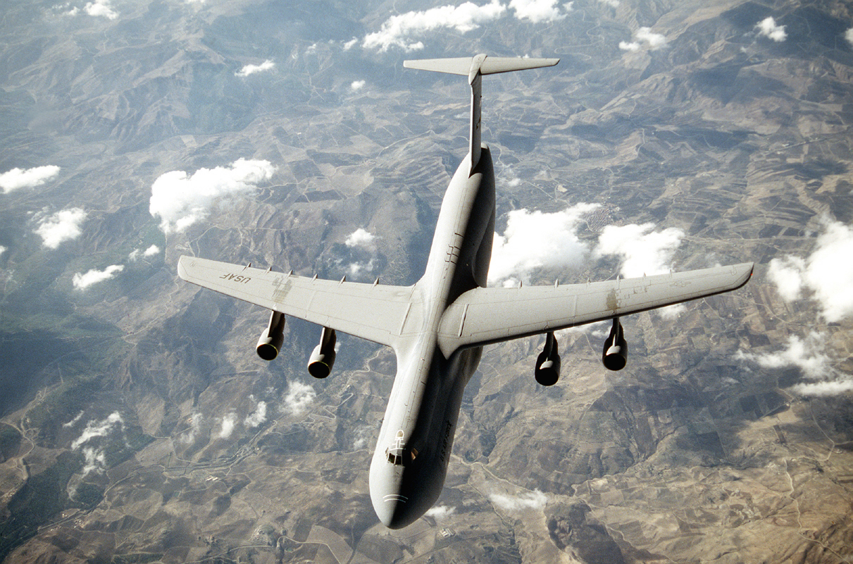 With its tremendous payload capability, the large C-5 Galaxy, an outsized-cargo transport, provides the Air Mobility Command intertheater airlift in support of United States national defence.