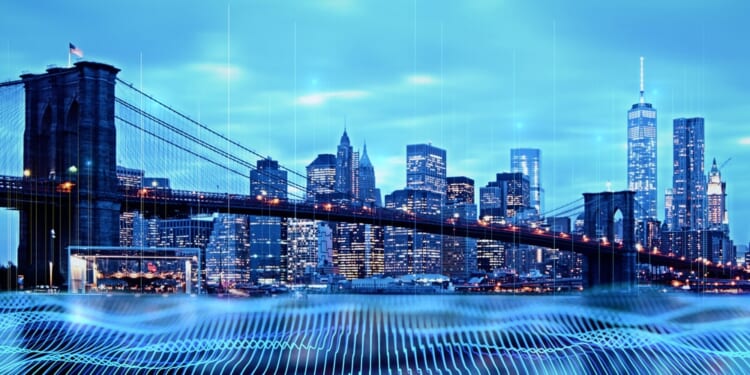 High speed telecommunications connection, smart city and data transmission technology concept with blue digital waves imitating wires on Brooklyn bridge and New York city background, double exposure