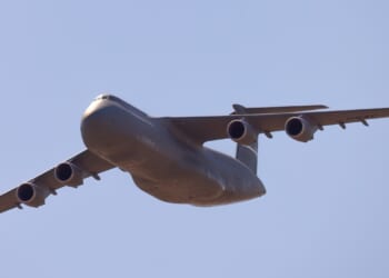 A C-5 Galaxy cargo aircraft in flight.