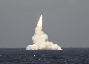 A Trident missile launched from an underwater submarine.