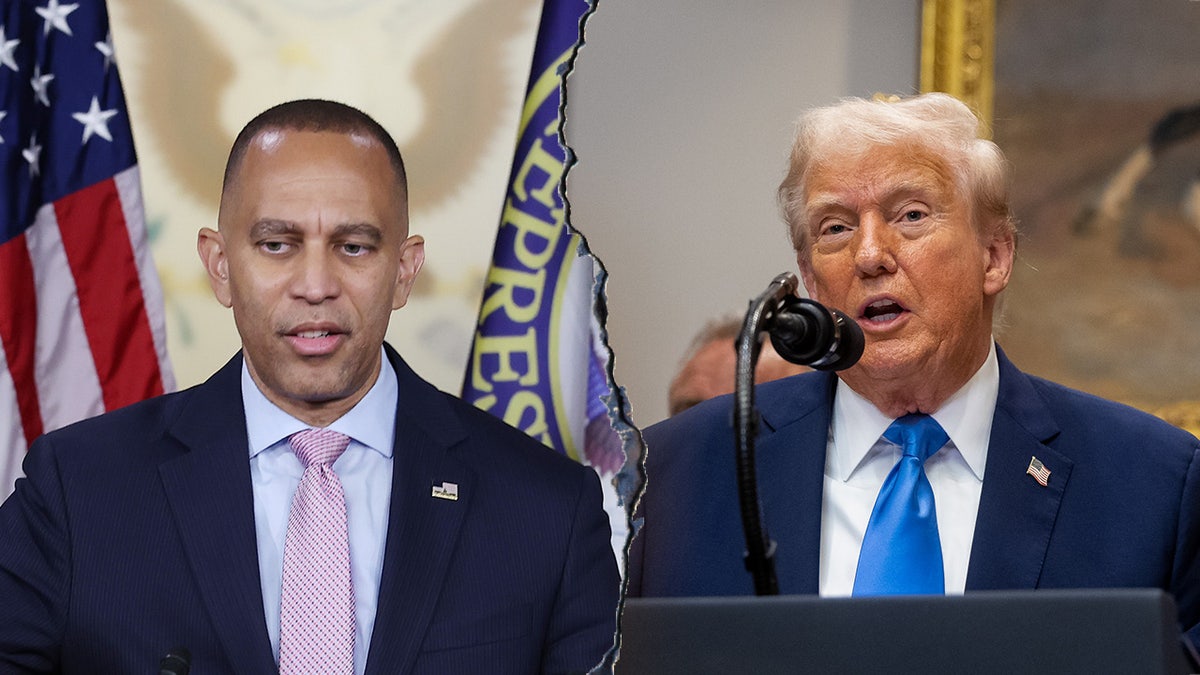 A split image of Hakeem Jeffries and Donald Trump