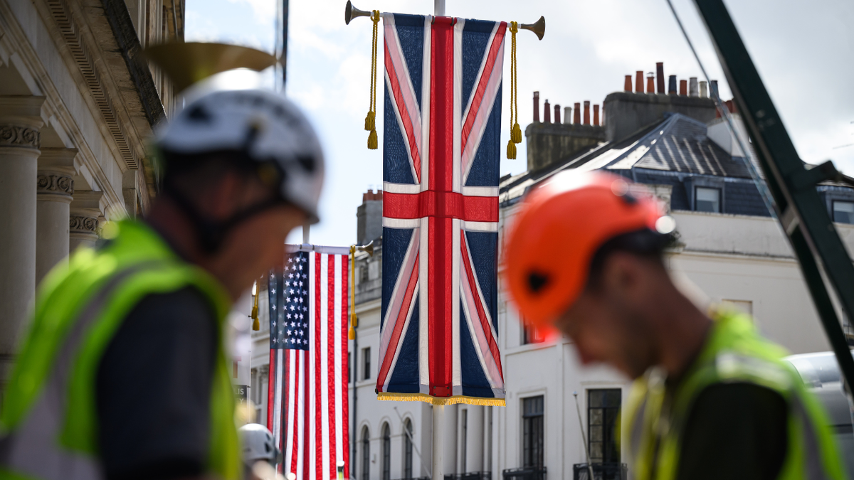 U.S. and UK flags are seen in Windsor