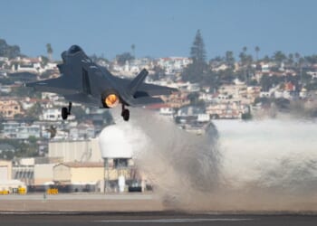 An F-35 fighter taking off.