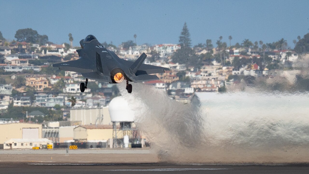 An F-35 fighter taking off.