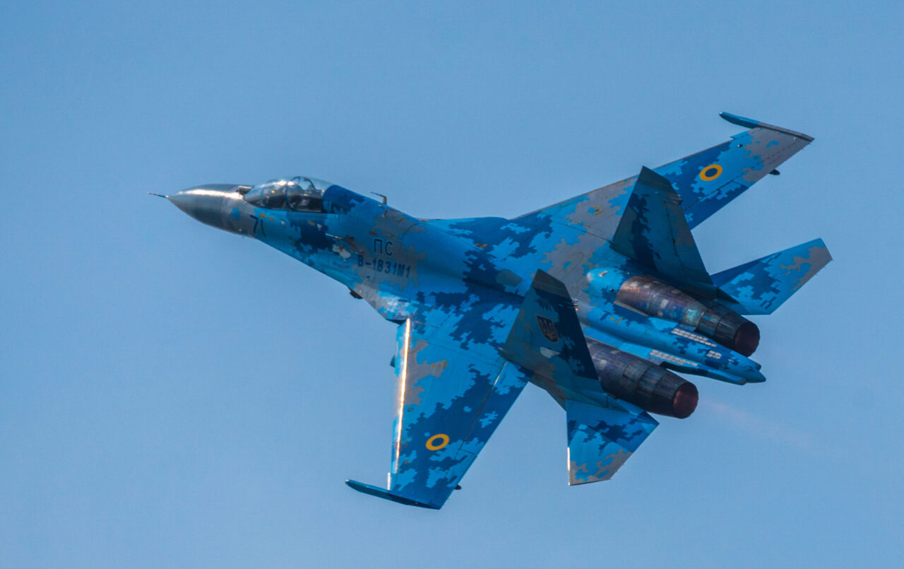 u 27 fighter aircraft Ukrainian air forces during aerobatic training before aviation shows in Radom.
