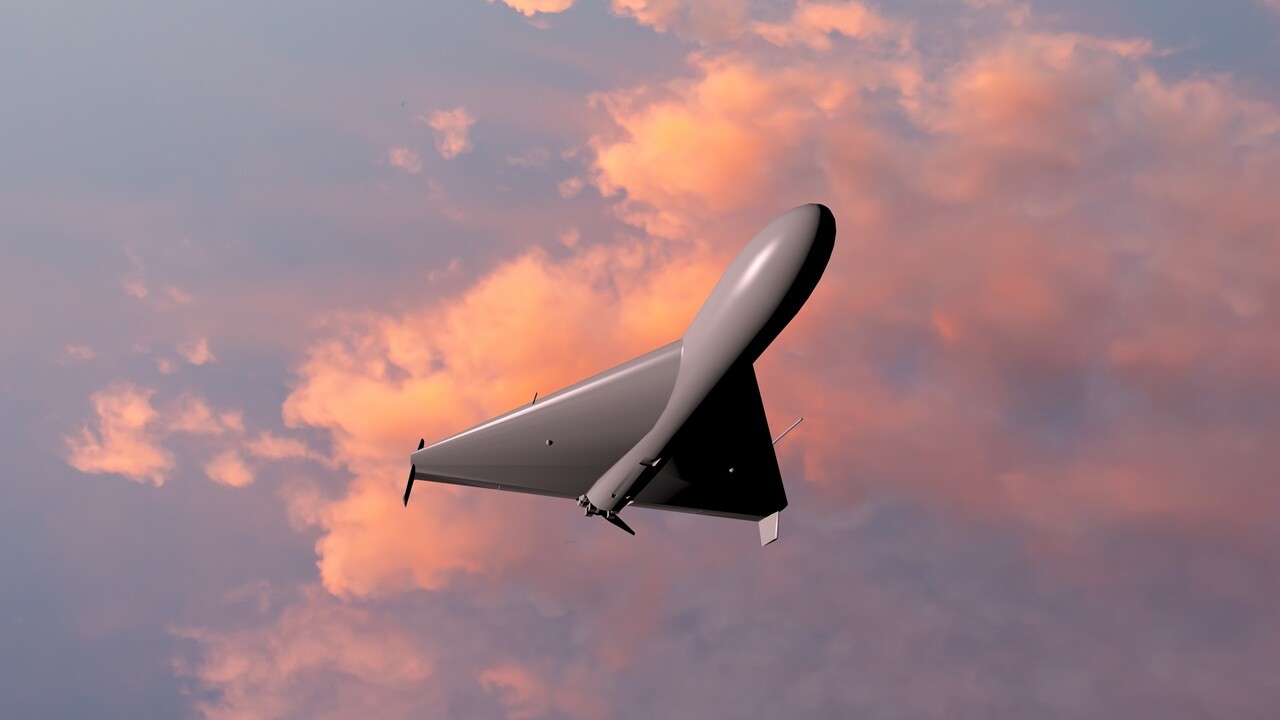 A Shahed drone flying overhead.