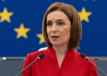 Moldovan President Maia Sandu addresses the European Parliament, September 9, 2025.