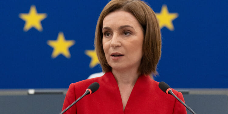 Moldovan President Maia Sandu addresses the European Parliament, September 9, 2025.