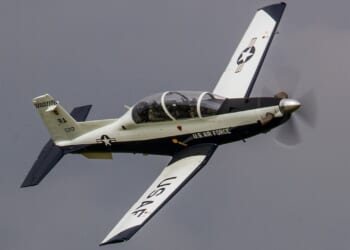 A T-6 Texan trainer aircraft in flight.