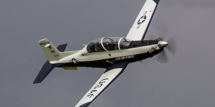A T-6 Texan trainer aircraft in flight.
