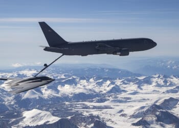 A B-2 Spirit refueling in midair.