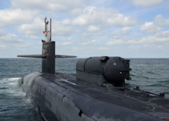 The Ohio-class guided-missile submarine USS Florida (SSGN 728) returns to its homeport, Naval Submarine Base Kings Bay, Georgia, May 9.