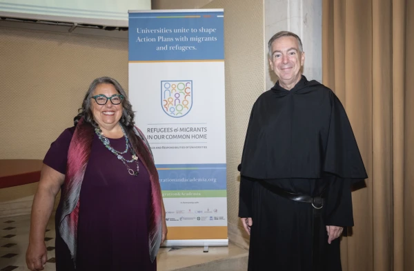 Mother Cabrini Institute on Immigration Director Michele Pristone is shown here accompanied by Father Joseph Lawrence Farrell, OSA, prior general of the Augustinians. Credit: Photo courtesy of Mother Cabrini Institute on Immigration