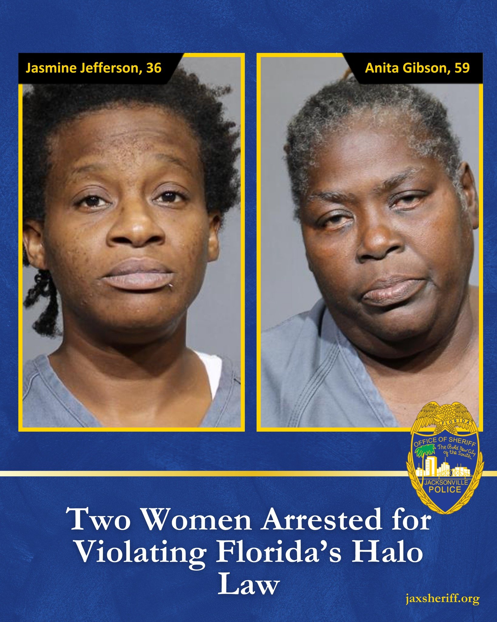 Mugshots of Jasmine Jefferson, 36, and Anita Gibson, 59, arrested for violating Florida's Halo Law.