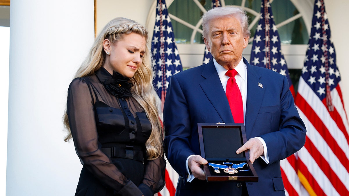 Erika Kirk and President Donald Trump in the Rose Garden.