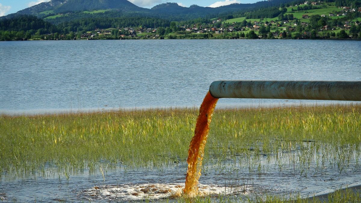 Dirty water flows into a lake.