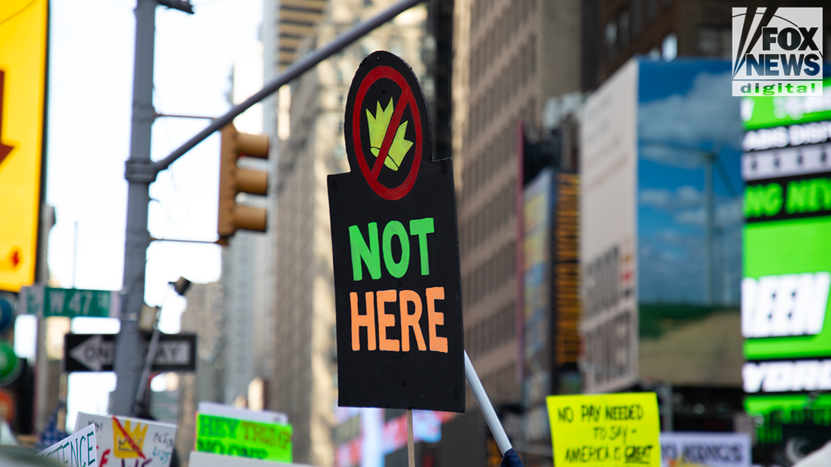 "Not Here" sign at New York City "No Kings" rally