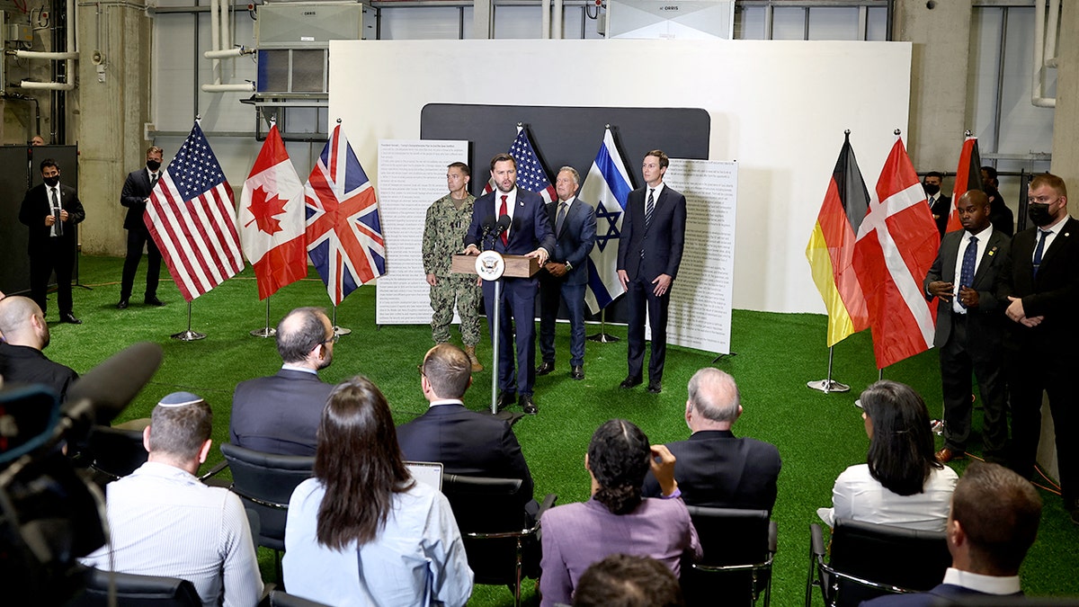 Vice President JD Vance speaks during a press conference following a military briefing at the Civilian Military Coordination Center in southern Israel on Oct. 21, 2025.