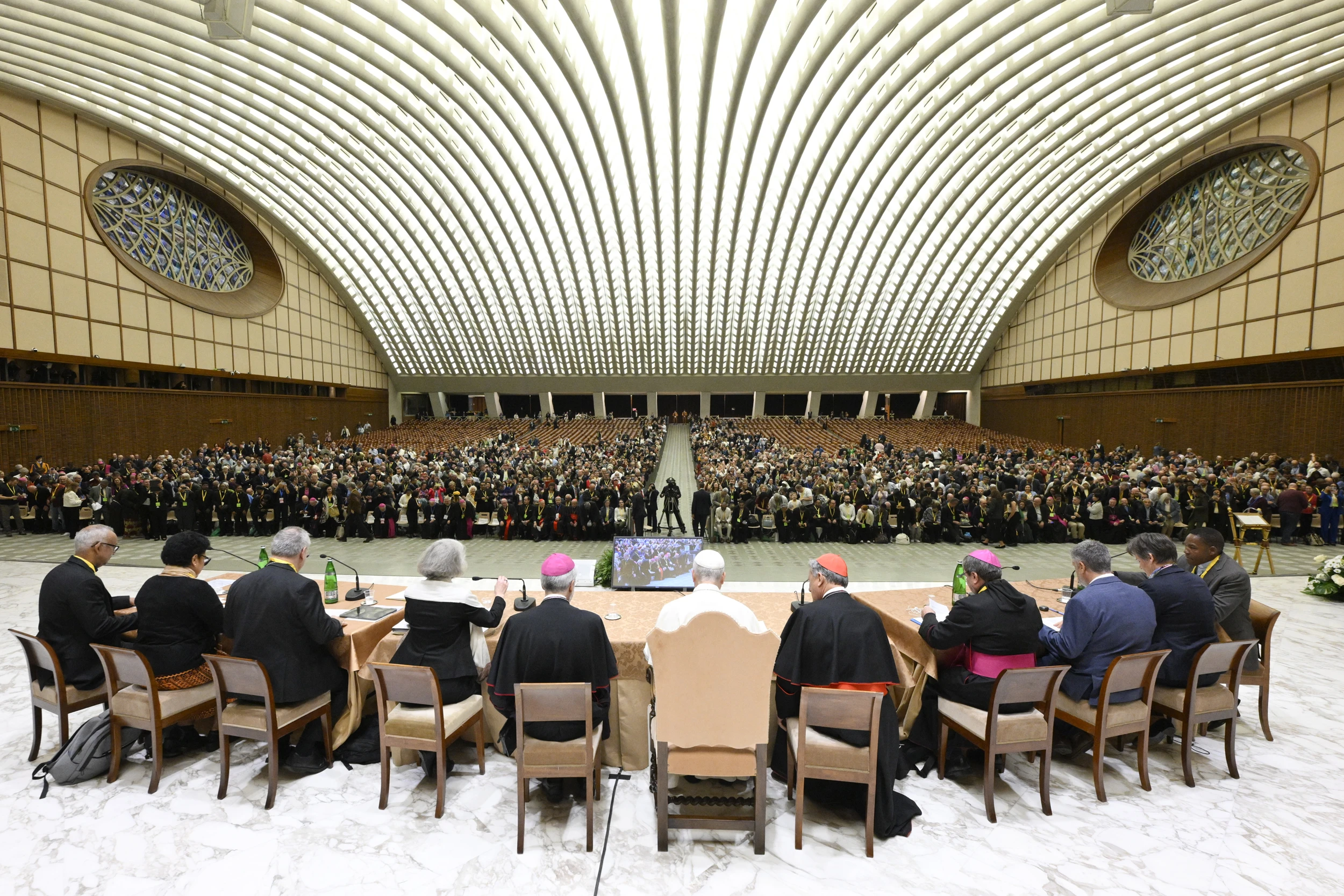 Pope Leo XIV listens to reports from seven representatives around the world about the implementation of synodality on their continents during the jubilee of synodal teams and participatory bodies at the Vatican on Oct. 24, 2025. Credit: Vatican Media.