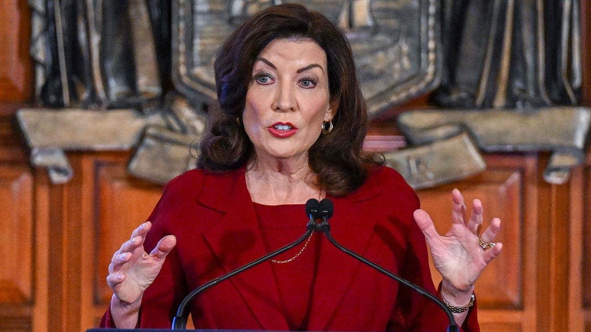 Gov. Kathy Hochul speaks at the state capitol