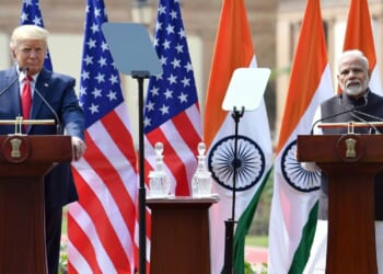 Donald Trump and Narendra Modi speak at a joint press conference.
