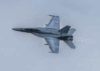 A F/A-18F Super Hornet attached to the “Fighting Swordsmen“ of Strike Fighter Squadron (VFA) 32, conducts training operations at Navy Dare County Bombing Range, Dare County, NC, September 8, 2025.