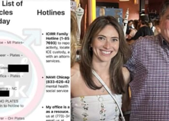 Image showing a list of ICE vehicles seen today alongside two smiling individuals, with hotlines for assistance and resources visible in the background.