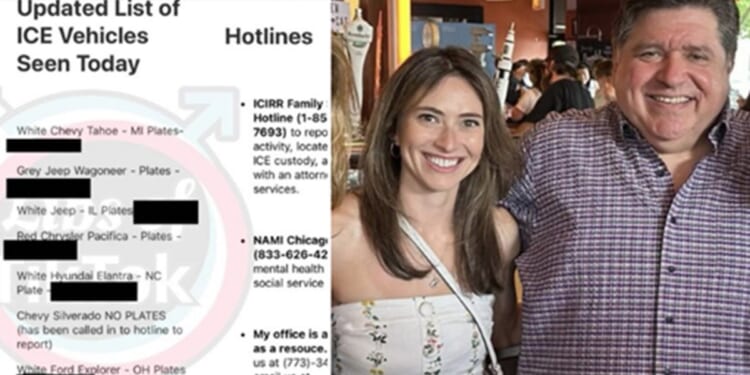 Image showing a list of ICE vehicles seen today alongside two smiling individuals, with hotlines for assistance and resources visible in the background.