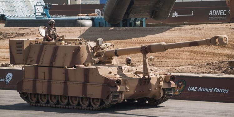 An M109 Paladin self-propelled howitzer on display.