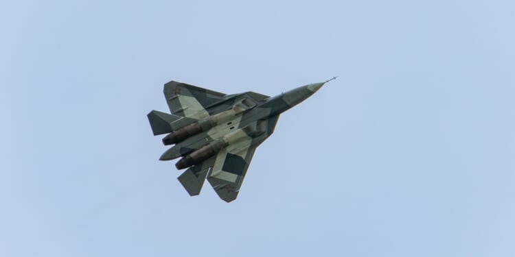 A Russian Su-57 fighter in flight.