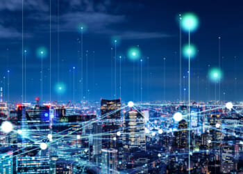 Modern cityscape and communication network concept. 5G alternative to GPS