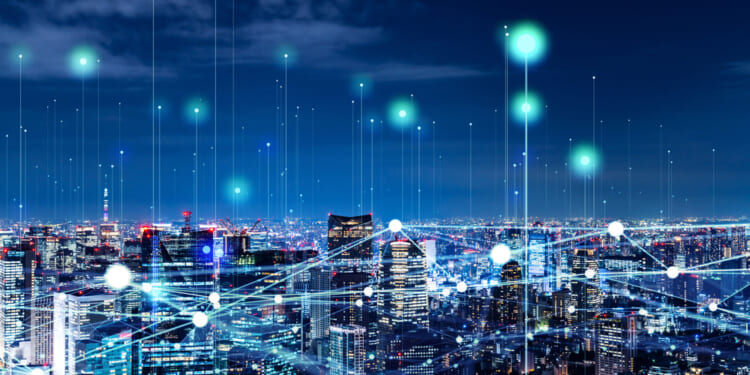 Modern cityscape and communication network concept. 5G alternative to GPS