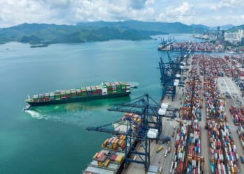 A busy Chinese port during the day.