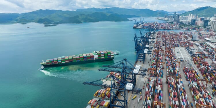 A busy Chinese port during the day.
