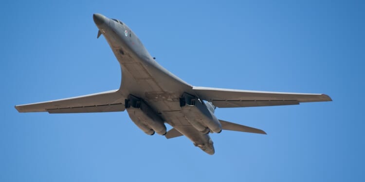 The underside of a B-1 Lancer.