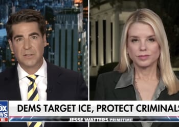 News segment featuring Jesse Watters and a guest discussing political issues related to ICE and crime, broadcasted on Fox News Live.