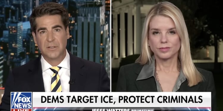 News segment featuring Jesse Watters and a guest discussing political issues related to ICE and crime, broadcasted on Fox News Live.