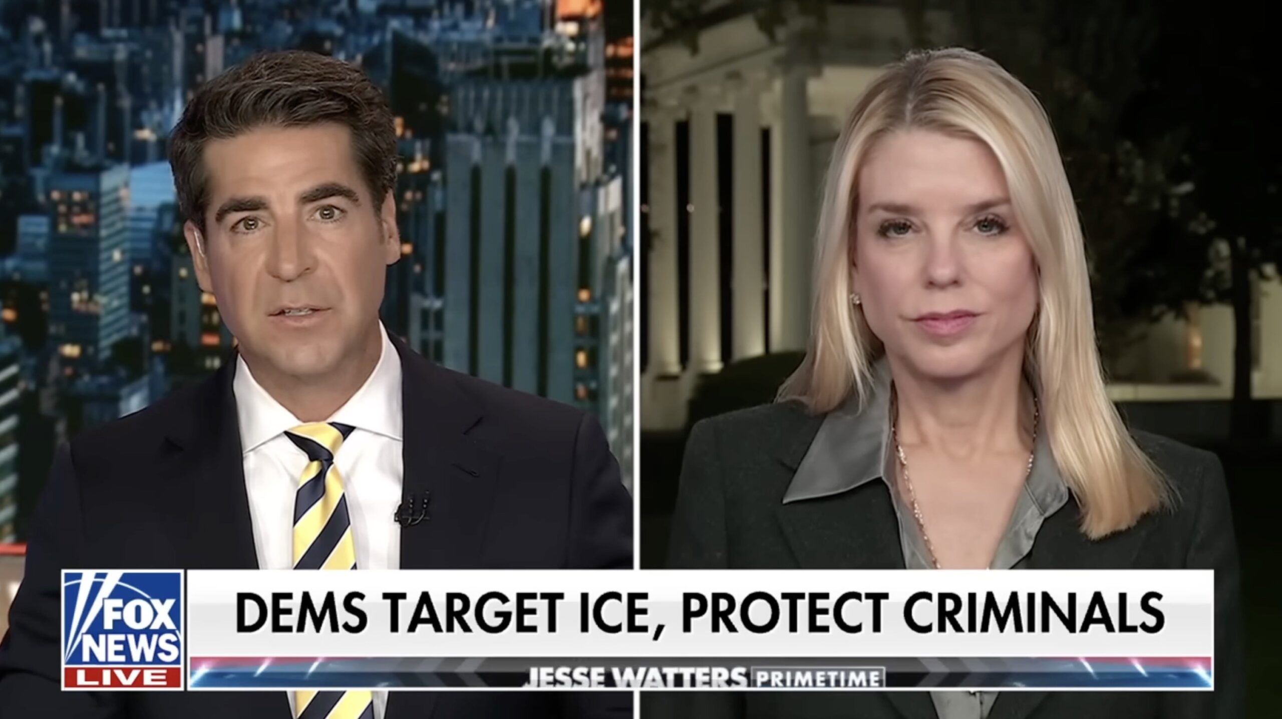 News segment featuring Jesse Watters and a guest discussing political issues related to ICE and crime, broadcasted on Fox News Live.