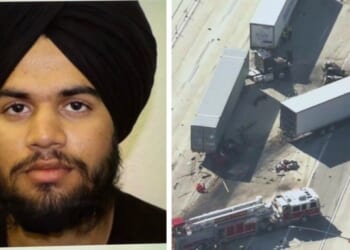 Image shows a man wearing a turban next to an aerial view of a serious truck accident scene with emergency responders on-site.