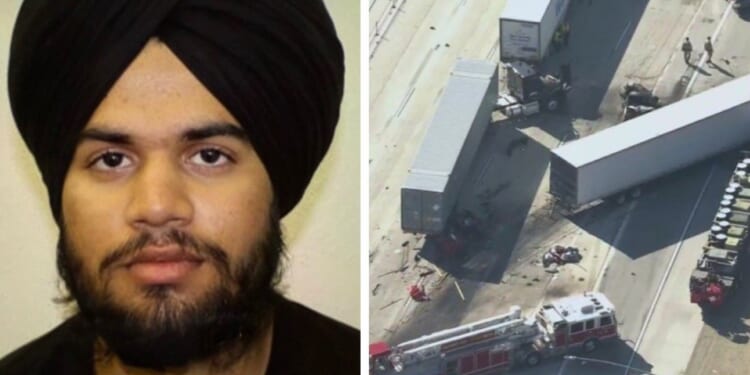 Image shows a man wearing a turban next to an aerial view of a serious truck accident scene with emergency responders on-site.