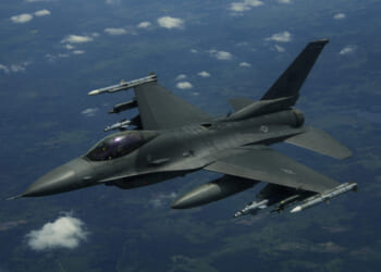 An F-16 Fighting Falcon, 510th Fighter Squadron, deployed to Krzesiny Air Base, Poland, in support of Aviation Detachment rotation 17-3, exercise BALTOPS and exercise Saber Strike flies over Latvia, June 7, 2017.