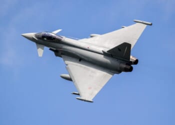 Italian Air Force Eurofighter Typhoon fighter jet aircraft in flight. Florennes, Belgium - June 15, 2017