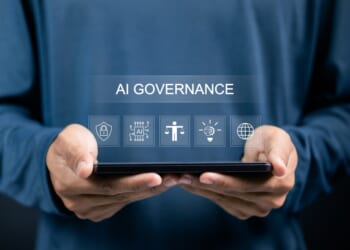 AI, Artificial Intelligence governance concept. Artificial intelligence law. Person showing Ai governance icon on virtual screen for compliance, regulation, standard, AI policy and responsibility